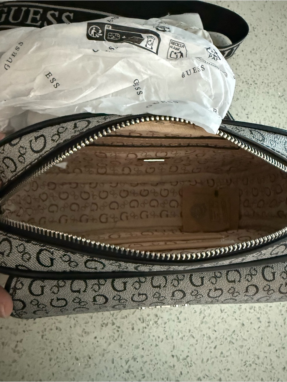 Guess Logo-Print Crossbody Bag in White and Black - Picture 5 of 6